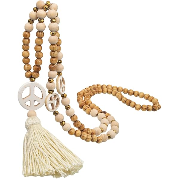 Sautoir Avec Perles En Bois Naturelle, Pompon Noir Et étoile