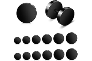 JOSOJOOU 6 Pairs Black Stud Earrings for Women & Men - Flat Back Surgical Steel Ear Studs 4mm 5mm 6mm 7mm 8mm 10mm - Minimalist Everyday Earrings