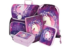 Baagl Schulranzen Mädchen Set 5 Teilig, Ergo Schultasche ab 1. Klasse, Ergonomische Grundschule Ranzen mit Brustgurt (Pferd)