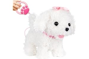 YH YUHUNG Perritos de Juguete Que Caminan y Ladran, Mueve la Cola como un Perro Real, Peluche Cachorro Pet Niñas y Niños de 3 4 5 6años (Blanco)
