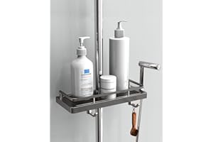 AwmnSrman Mensola Doccia Senza Foratura Portasapone Doccia, Supporto per Accessori da Bagno con 2 Ganci e Supporto per Doccia, Adatto per Aste da Doccia 20mm-25mm Grigio Scuro