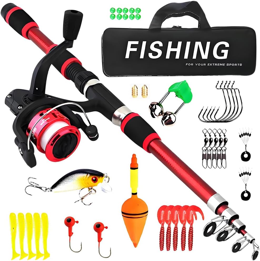 BIZOI Set de Pesca para Niños, 1,8 M Caña de Pescar Telescópica con Carrete y Juego de Cebo, Caña de Pescar Telescópica de Fibra de Carbono, Accesorios para Niños de 3 a 10 Años