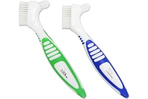 DENTAL AESTHETICS Brosses pour Dentiers (Lot de 2) Bleu et Vert ~ Manche ergonomique, Double brosse