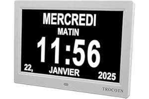TROCOTN 10 Pouces Horloge numérique Horloge de Jour Grand écran réveil Murale (Blanc)