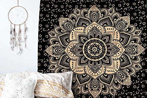 RawyalCrafts Balck & Gold Passion Flower Mandala Tapestry Indian Ombre Bohemian Mandala Tapestry Hippie Wall Hanging Bedspread - 2