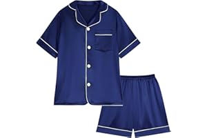 Miyanuby Girls Boys Pyjamas Set Button-up Silk Satin Pajamas Sleepwear Nightwear 2 Pieces Clothes Set Gifts for Baby Girls Boys