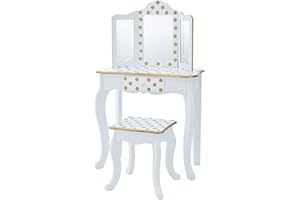 TEAMSON KIDS Fantasy Fields Gisele Girls Dressing Table with Mirror and Stool, Kids Vanity Table and Stool, Age 3 Years+, Tri-Fold Mirror, White Gold Polka Dots