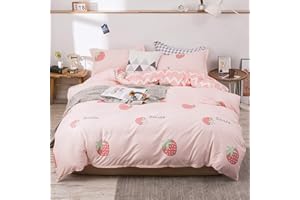 ‎OMELA Omela Mädchen Rosa Erdbeeren Bettwäsche 135x200 Kinderbettwäsche Set Wendemotiv Rosa Weiß Gestreift Kinder Bettbezug 100% Microfaser mit Kopfkissenbezug , 2 Stück , 80x80 cm Reißverschluss