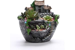Hidyliu 1 maceta para cultivo de jardín, maceta suculenta, maceta de flores, maceta vintage, decoración de jardín de resina con casa en miniatura, para interior y exterior (plata)