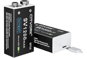 CITYORK Batteria 9V 1200mAh (2-Pack), PP3/MN1604/6F22/6LR61 USB ricaricabile al litio, con porta di ricarica Micro USB, adatta per rilevatori di fumo, stufa a gas, chitarra, tastiera e altro ancora