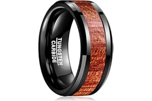 VAKKI Bague 10mm Finition Polie Noir pour Homme Bague Carbure de Tungstène Hawaiian Koa Incrustation de Bois Biseauté Bords de Coupe Confortable 54 à 67(17.2-21.3)