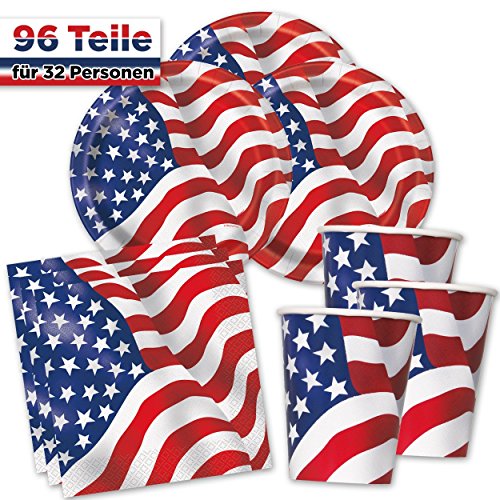 USA PartyBox American Flag - Teller, Becher & Servietten - für Mottoparty, Geburtstag, 4th of July Party & Co.