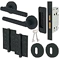 EAI Black Key Lock Door Handle Set | Round T-Bar Internal Door Handles, Sash Lock, Hinges (76mm) & 2 Escutcheons | Matt Black Oliena Range