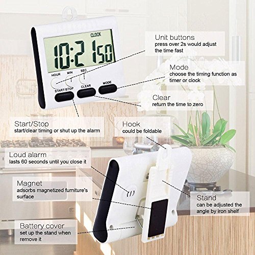 Digital Küche Kochen Timer, KOBWA 24h Magnetische Küche-Timer Küchenuhr Kurzzeitmesser Stoppuhr mit Laut Alarm, Großem Display-Bildschirm, Einziehbare Standplatz Hook, Starke Magnetische Rückseite (inklusive Batterie) - 4