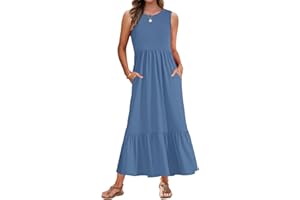 AUSELILY Sommerkleid Damen Lang Ärmelloses Maxikleid Damen Sommer Strandkleid Lange Rundhals Tank Top Kleider Leicht und Luftig mit Taschen Elastischer Taille