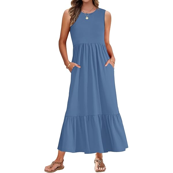 AUSELILY Zomerjurken met korte mouwen voor dames, empire-taille, maxi-jurken voor dames, lange zwierige zomerjurken met V-hals, overgooier voor op het strand met zakken, M