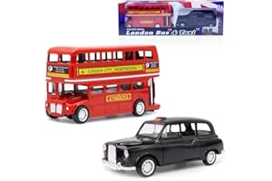 MIFKLMV London Bus Diecast Model Double Decker Red Bus and Black Taxi Mini Models 1:32 Scale Pull-Back Buses Model Alloy Diecast Toy Vehicles Taxi Toys Metal Die Cast Free Wheeling Toy Birthday Gifts for Kids