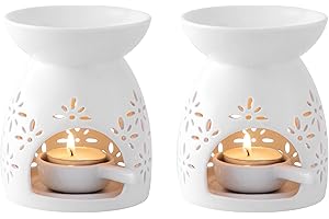 LOVECASA Essential Oil Burners Set of 2, Ceramic Wax Melt Burners White Assorted Wax Tarts Holder Candle Scented Diffuser for Aroma Oil and Wax Melts Home Office,Top plate diameter 9.5cm