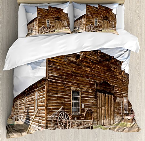 Barn Wood Wagon Wheel Queen Size Duvet Cover Set by Ambesonne, Abandoned Mercantile with Wagon Wheels Ghost Town, Decorative 3 Piece Bedding Set with 2 Pillow Shams, Brown Sand Brown Light Blue
