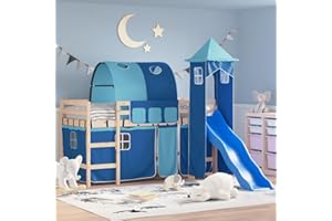 Festnight Litera con Tobogán, Torre, Túnel y Cortinas, Cama Alta para Niños de Madera, Cama Alta Juvenil, Mueble Mobiliario Dormitorio Infantil, Natural y Azul 90x200 cm