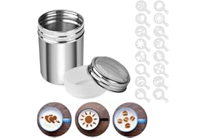 DDSHUN Chocolate Shaker Stainless Steel Duster Dredges Cans Coffee Sprinkles Powder Set Cocoa Cinnamon Powder Can with 16 Coffee Molds Stencils for Kitchen Baking Cooking Cappuccino Coffee Latte Coffee