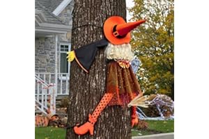 HOIIOH Halloween-Deko Outdoor – 135 cm Halloween Hexe Kracht gegen Baum, Witzige Fliegende Hexendeko zum Hängende für Garten, Vordervoranda, Gruselhaus, Outdoor/Indoor, Hof, Partydeko (Orange)