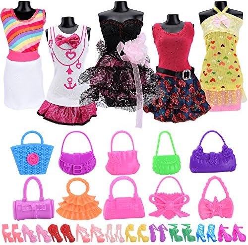 Asiv Fashion 5 Dress, 10 pair of shoes, 10 Handbag accessories for Barbie Dolls Christmas Gift - Random style