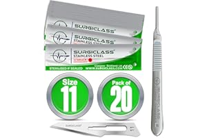 SURGICLASS Surgical Scalpel Surgical Blades # 11 Stainless Steel Sterile and Handle No 3 Perfect for Wood Art, Surgical, Sculpting, Repairs, Lab Anatomy, Sign, Card Making Lab TRAI SURGIGR11-20