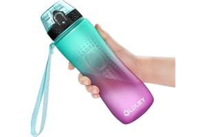 OLDLEY 750ml/25oz Water Bottles with Straw BPA Free Tritan Water Bottles for Gym School Sports Travel Leakproof Time Markings Durable Drink Bottles for Adult Kids Women Men(Green Purple, 1 Lid)