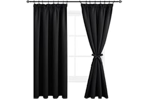 DWCN Opaque Blackout Curtains with Pleated Tape, Set of 2, 175 x 140 cm (H x W), Living Room Curtains with Curtain Ties, Heat-Insulating Curtains, Thermal Curtains for Cold Protection, Black