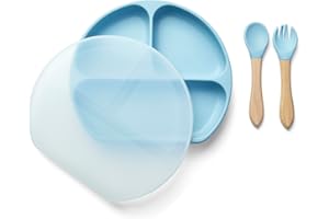 TIGGI Baby Suction Plate with Lid, Weaning Set, Baby Feeding Set, | BPA-Free Silicone Baby Plate with Lid | Easy Clean-up | Ideal for Baby-Led Weaning (Dusky Blue)