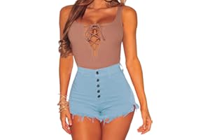 Bunanphy Womens Shorts Summer Raw Hemline Buttons Stretch Denim Jean Shorts