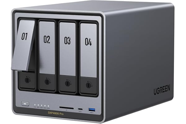 UGREEN NASync DXP4800 Pro NAS de Bureau 4 Baies, Processeur Intel i3-1315U 6 cœurs, 8 Go de RAM DDR5 Jusqu’à 96 Go, SSD 128 Go, 1 Port 10 GbE, 1 Port 2,5 GbE, 2×M.2 NVMe, HDMI 4K, (sans Disque)