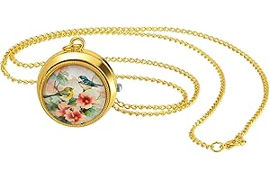 JewelryWe Reloj de bolsillo vintage para mujer, clásico chapado en oro, redondo, analógico, de cuarzo, con colgante y cadena, Bird