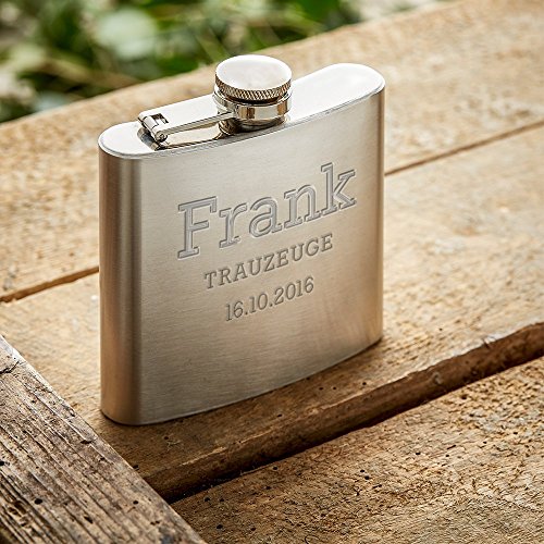 Flachmann mit hochwertiger Gravur „Trauzeuge“ – Personalisiert mit Wunschnamen und Datum – Geschenk für Trauzeuge – Maße: ca. 9 x 10 x 3 cm – Füllmenge: ca. 150 ml - 2