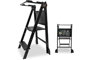 Oemmie Tour d'apprentissage – Pliable – Tour d'observation Montessori avec Tableau – 90x45x41 cm – Marchepied pour Enfants – Bambou – Noir