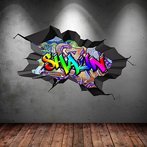 MULTI VOLLE FARBE PERSONALISIERT 3D GRAFFITI NAME AUSGEBROCHENES WANDKUNST AUFKLEBER WANDSTICKER - L 110cm(W) x 70cm (H)