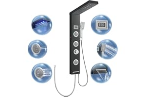 ROVOGO Schwarze Duschpaneel ohne Armatur, 304 Edelstahl Duschpaneele mit LED Regendusche, Temperaturanzeige, 2 Strahlarten Massagedusche, Handbrause, Wanneneinlauf, Duschsäule für Wandmontage