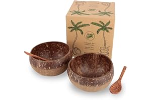BIOZOYG Miski do orzecha kokosowego, zestaw 2 sztuk, z łyżeczkami, Jumbo Bowl, 700-800 ml, 100% ręczne wykonanie, nadaje się do ponownego użytku, biodegradowalne, miska z łupiny orzecha kokosowego z