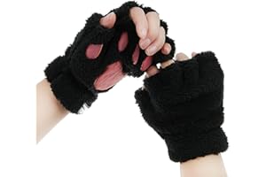 FAKEFACE Mitaine Femme Fille Hiver Mitaine Patte de Chat Gants Peluche Femme Fille Moufle Demi-Doigt Hiver Gants Mignon pour Femme Fille Gants Polaire Chaud Moufle en motif de Cartoon