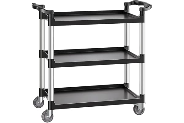 VEVOR verktygsvagn, 226 kg lastkapacitet, 3-nivåer verktygsplastvagn med 360° vridbara hjul (2 med bromsar), 31 x 19 cm matservicevagn för lager, kontor, hem, restaurang, kök