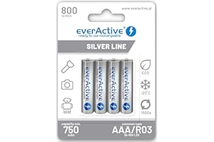 everActive Akumulator AAA 800 mAh 4 sztuki, NI-MH, Micro R03, do ponownego ładowania, wstępnie naładowany, Silver Line 1,2 V, 1 opakowanie blistrowe EVHRL03-800, srebrny