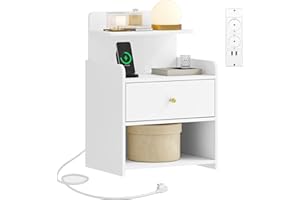 HEXCELEN Nachttisch, Beistelltisch mit 1 Schublade und 2 Offenen Fächern, Nachtschrank, Sofatisch, Platzsparend, für Schlafzimmer, Wohnzimmer, Modern, Weiß