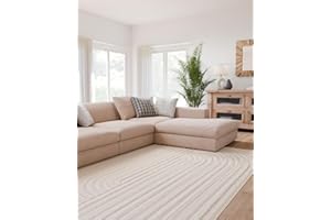 Interiyou Kurzflor Teppich Lecce - 240x340 cm Creme - Skandinavisches Boho Muster mit 3D Hoch-Tief Effekt - Flach mit Geometrischem Muster