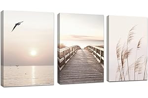 FAJERMINART 3Pcs Vue sur la mer au coucher du soleil Tableau Décoration Murale Salon Esthétique Paysage Impression sur Toile Image sur Toile Abstraite Peintures sur Toile Décoration Murale pour Chambre 30x40cmx3