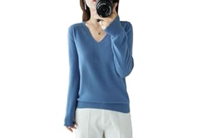 BAWUTZ Pull en Cachemire pour Femme, Pull à col en V, Pull d'automne et d'hiver, Pull tricoté à Manches Longues, Pull en Cachemire 100% Laine pour Femme, Tricot Ample et décontracté