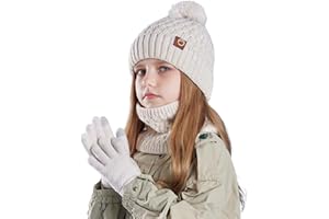 GÉNÉRIQUE Ensemble Bonnet Echarpe Enfant Hiver Tricoté Tour de Cou Chaud, Écharpe et Gants D'hiver pour Enfants 4 à 11 Ans, Bonnet Enfant Hiver avec Pompom, hHiver Accessoires avec Doublure en Polaire Douce