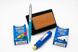 FAIBO-GIOTTO PACK LOTE Borrador pizarra TIZA verde FAIBO Madera Fieltro + 1 Portatizas + 10 Tizas Antipolvo Robercolor Giotto Blancas y 10 de colores + REGALO 1 Bolígrafo Inoxcrom B55 Fiesta
