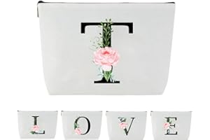 Blisswave Neceser Personalizado AA la Z, Regalos Personalizados para Mujeres, Madres y Amigas, Elegantes y Preciosas Flores Rosas, Bolso Mujer con Iniciales, Neceser de Maquillaje Pequeño (Blanco)