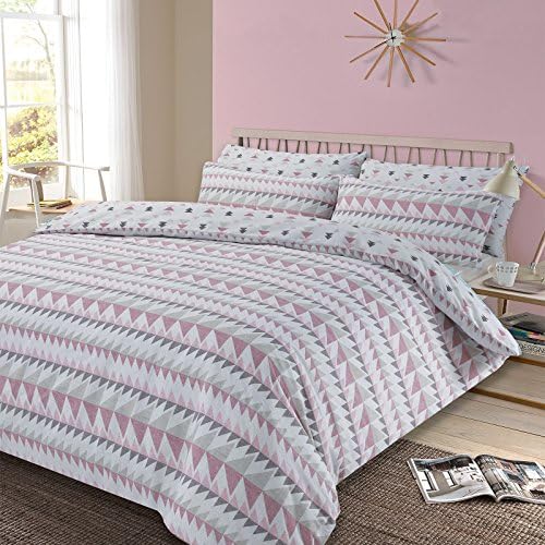 Dreamscene Duvet Cover with Pillowcase Geometric Rewind Bedding Set, Blush Pink White Grey - Single